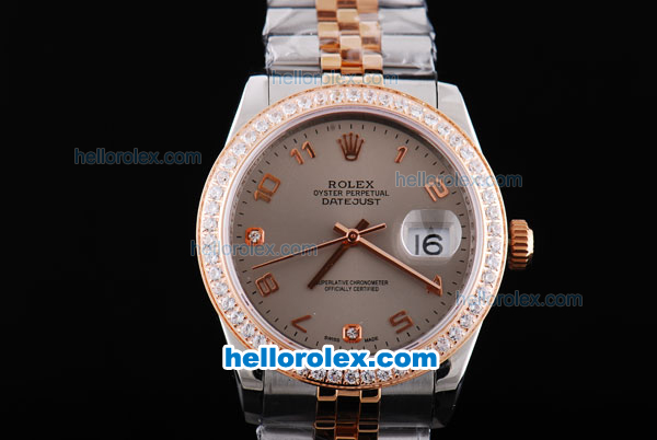 Rolex Datejust Oyster Perpetual Automatic Movement ETA Case Two Tone with Diamond Bezel,Grey Dial and Gold Number Marking - Click Image to Close